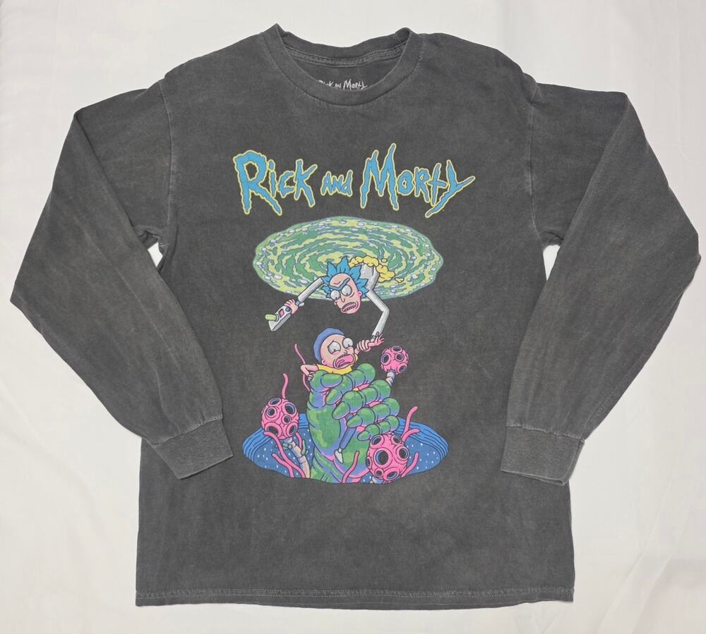 Rick and Morty Long Sleeve Shirt Mens Size S/M Gray Acid Wash Graphic Tee Cartoo